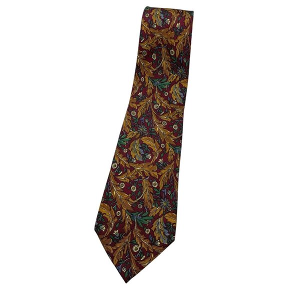 NINA RICCI Men's 100% Silk Necktie LUXURY Tie Burgundy Floral Leaf W:3.6" EUC